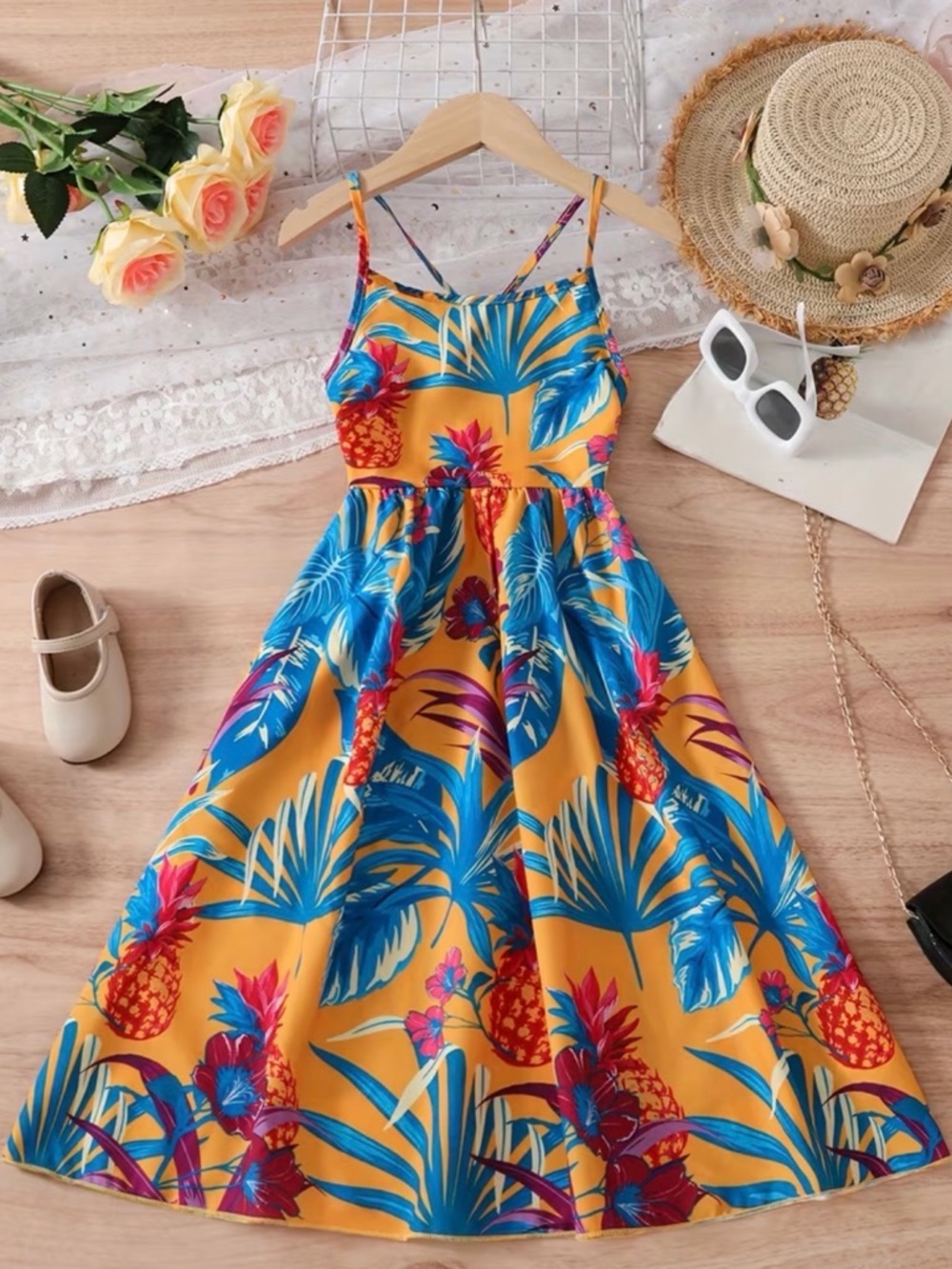 Tropical Pineapple Sundress in Mustard Yellow & Teal